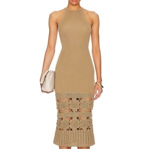 Tularosa Finley Crochet Midi Dress Tan Ribbed Bodycon Cotton Blend Small listing